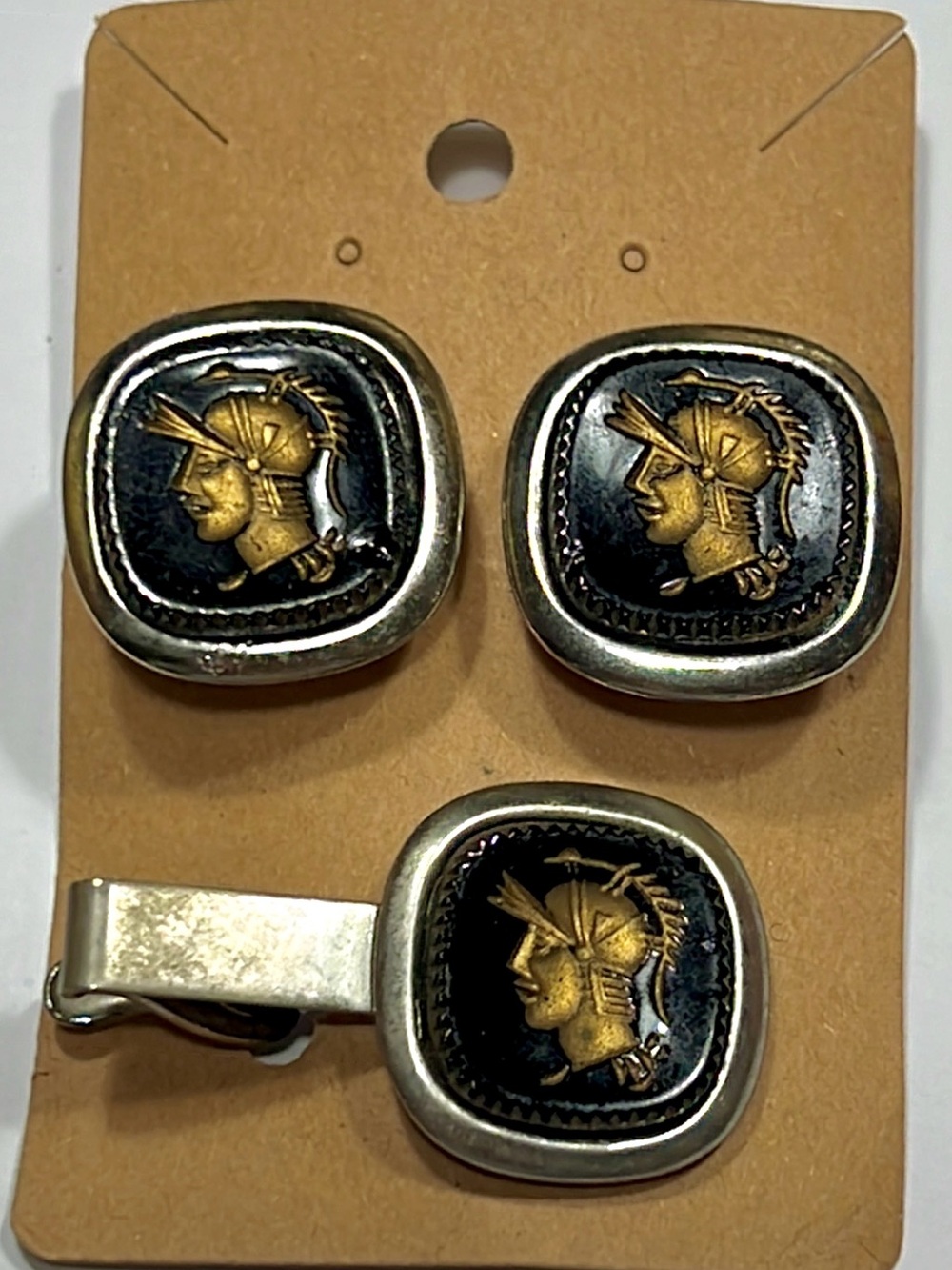 Vintage Tie Clip and Cufflinks Trojan Warrior Intaglio Black Gold .75" Square